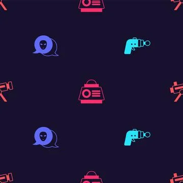 Set Ray gun, Alien, Space capsule and Telescope on seamless pattern. Vector イラスト素材