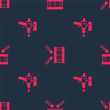 Set Ray gun and Drum with drum sticks on seamless pattern. Vector イラスト素材