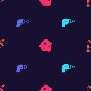 Set Ray gun, , Asteroid and Satellite dish on seamless pattern. Vector 스톡 일러스트