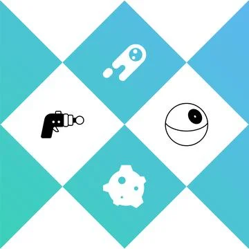 Set Ray gun, Asteroid, Comet falling down fast and Planet icon. Vector 스톡 일러스트