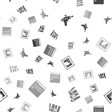 Set Ray gun, Book, Postal stamp and Binary code on seamless pattern. Vector Stock Illustration