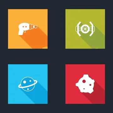 Set Ray gun, Cosmic ship, Planet Saturn and Asteroid icon. Vector Illustrazione stock