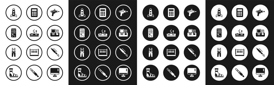 Set Ray gun, Gamepad, Computer, Rocket ship, Monitor with keyboard, Calculator Stock Illustration