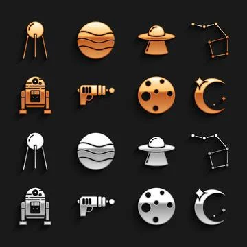 Set Ray gun, Great Bear constellation, Moon and stars, Planet Mars, Robot, UFO Ilustração Stock