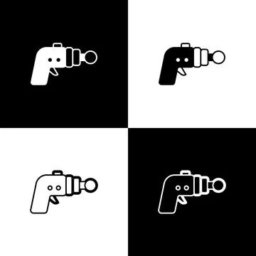 Set Ray gun icon isolated on black and white background. Laser weapon. Space Stock Illustration