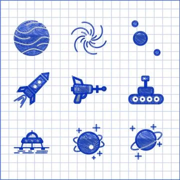 Set Ray gun, Planet, Mars rover, Rocket ship with fire, Solar system and  i.. Illustrazione stock