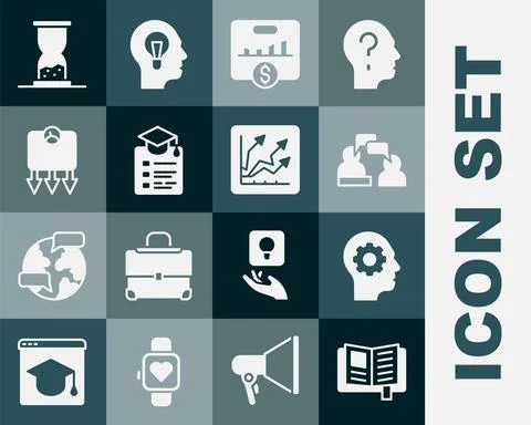 Set Reading book, Human head with gear inside, Two sitting men talking, Key Stock Illustration