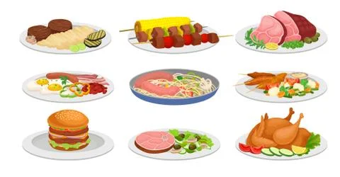 Set of ready meals for lunch. Vector illustration on white background. Stock Illustration
