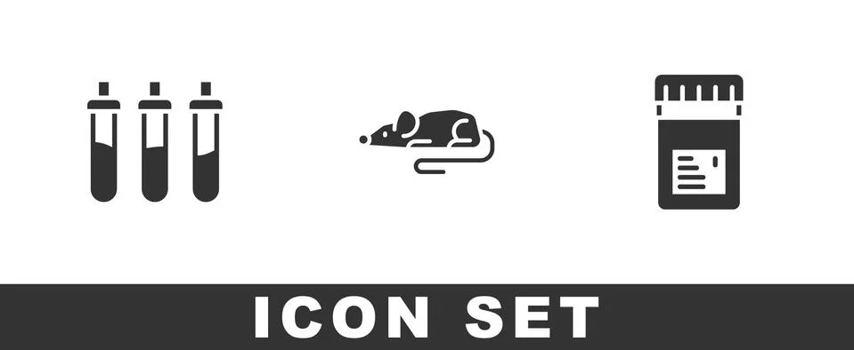 Set Reagent bottle, Experimental mouse and Jar with additives icon. Vector Stock Illustration