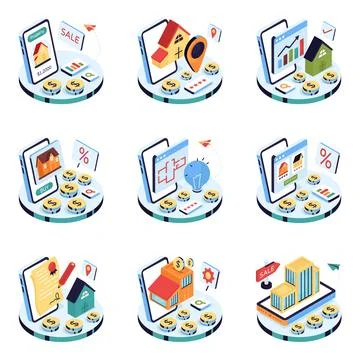 Set of Real Estate Isometric Illustrations Stock Illustration