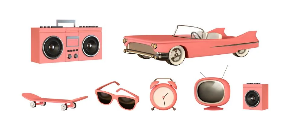Set of realistic 3d design objects, pink convertible car, retro tape record.. Stock Illustration
