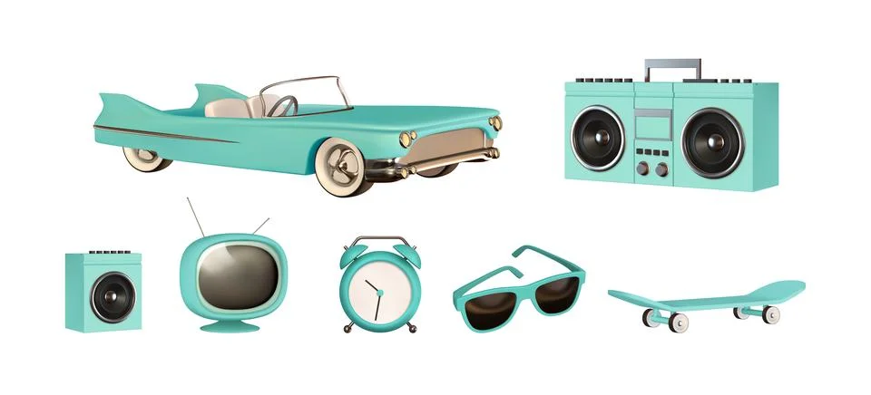 Set of realistic 3d design objects, blue convertible car, retro tape record.. Stock Illustration