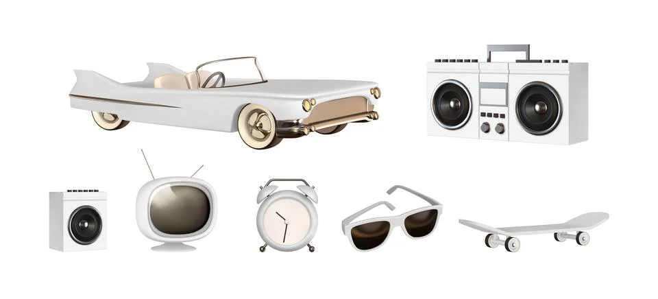 Set of realistic 3d design objects, white convertible car, retro tape recorde Stock Illustration
