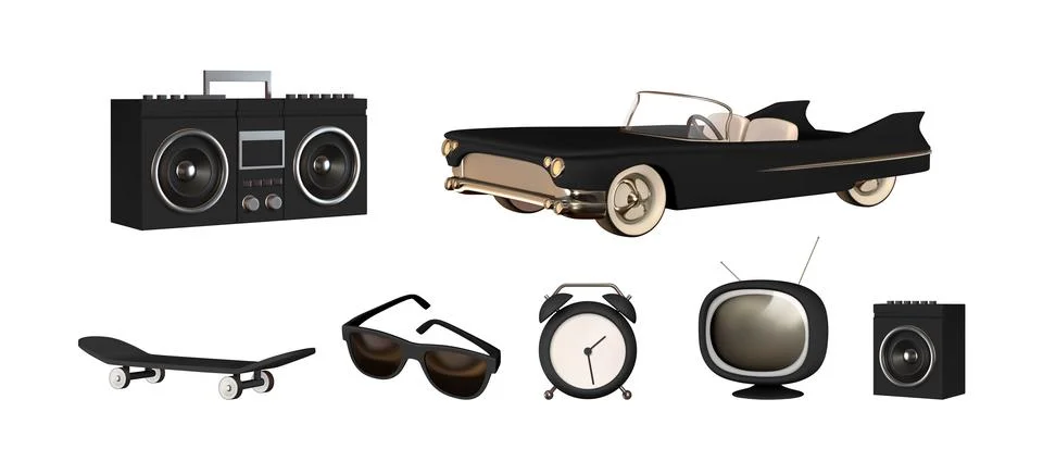 Set of realistic 3d design objects, black convertible car, retro tape recorde Stock Illustration