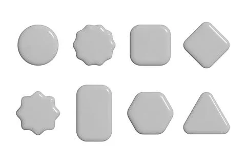 Set of realistic 3d glossy plastic geometric shape buttons in desaturated gray Stock Illustration