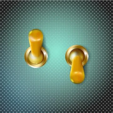 Set Realistic 3d golden toggle switches. On and off. Gilded or brass switcher Stock Illustration