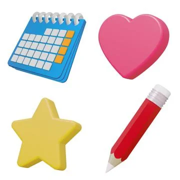 Set of realistic 3d icon red hart, calendar, yellow star, red pencil. Vector Stock Illustration