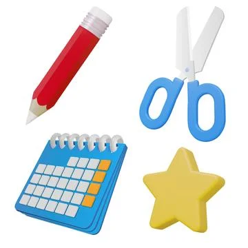 Set of realistic 3d icon scissors with handles, calendar, yellow star, red pe Stock Illustration