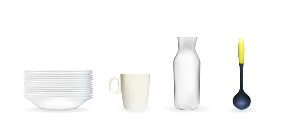 Set of Realistic 3D model of a deep white dish, ladle, glass jar, cup. Vector Stock Illustration