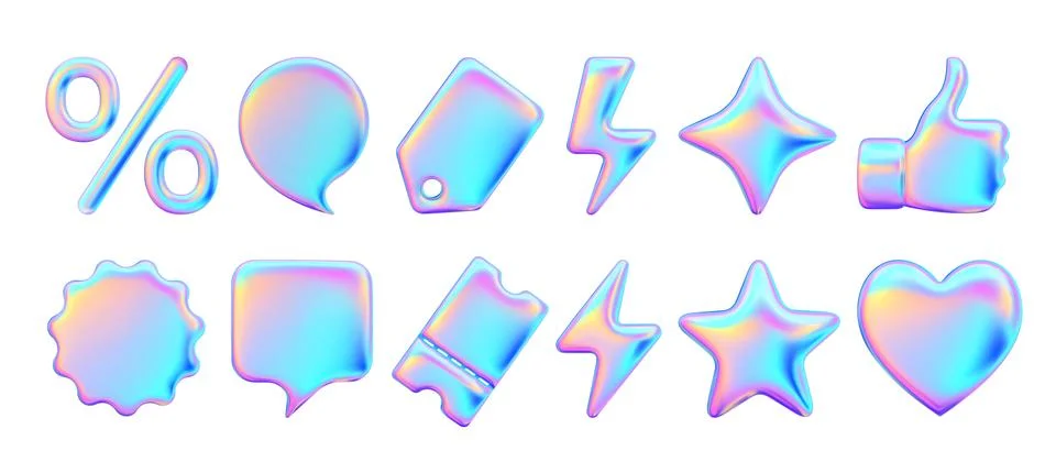 Set Realistic 3d objects for advertising and promotion. Holographic iridescen Stock Illustration