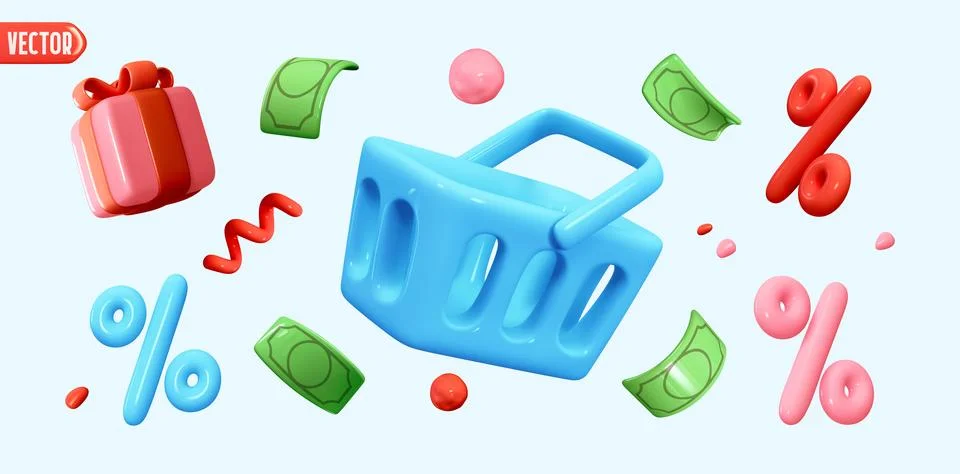 Set Realistic 3d objects in cartoon plastic style for advertising and promoti Stock Illustration