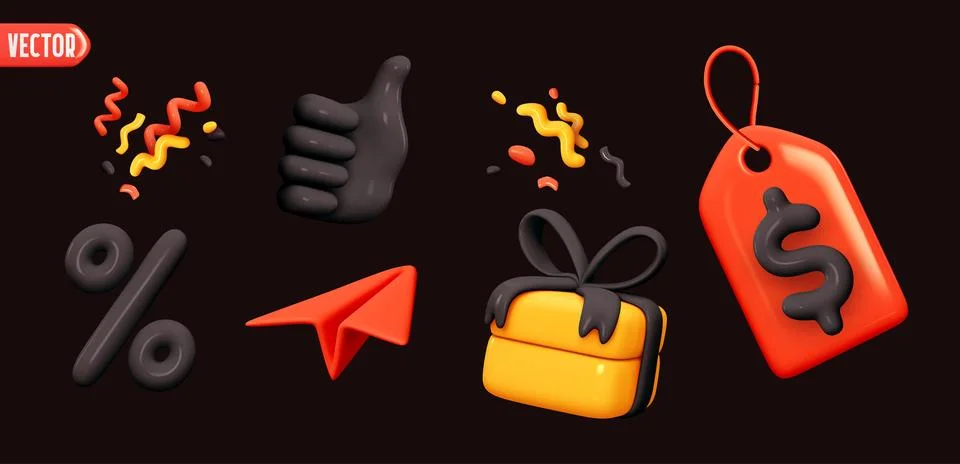 Set of Realistic 3d objects in cartoon plastic style for advertising and prom イラスト素材