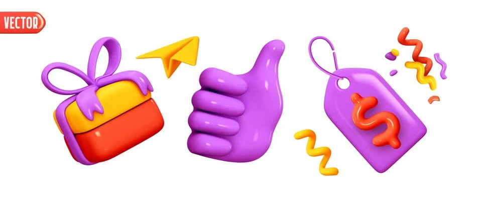 Set of Realistic 3d objects in cartoon plastic style for advertising and prom Stock Illustration