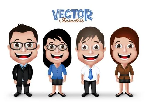 Set of Realistic 3D Professional Man and Woman Characters Happy Smiling Stock Illustration
