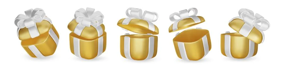 Set of realistic 3d render gift boxes. Gold gift box with golden bow and ribbon Stock Illustration
