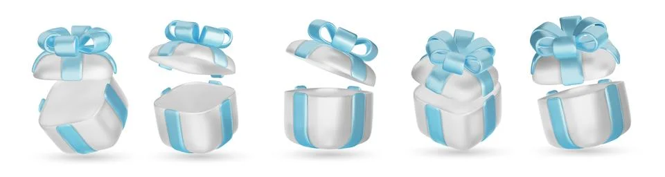 Set of realistic 3d render gift boxes. White gift box with blue bow and ribbon Stock Illustration