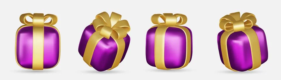 Set of realistic 3d render gift boxes. violet gift box with green bow and ribbon Stock Illustration
