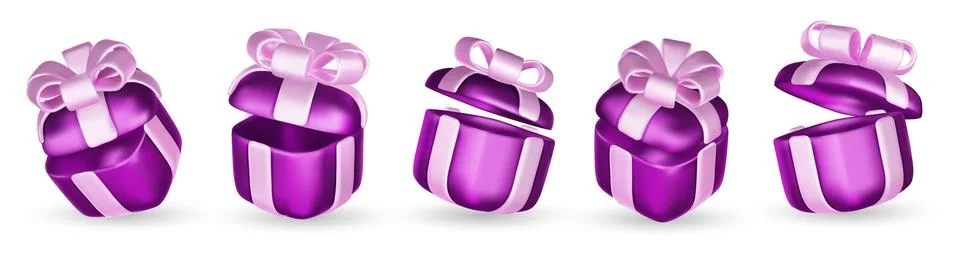 Set of realistic 3d render gift boxes. Purple gift box with pink bow and ribbon Stock Illustration
