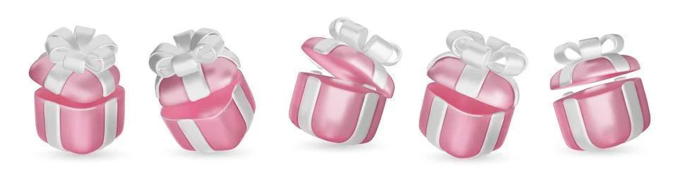Set of realistic 3d render gift boxes. Pink gift box with White bow and ribbon Stock Illustration