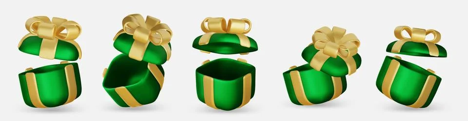 Set of realistic 3d render gift boxes. Green gift box with gold bow and ribbon Stock Illustration