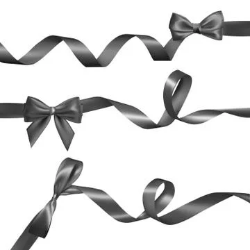 Set of Realistic black bow with long curled black ribbon. Element for decorat Stock Illustration
