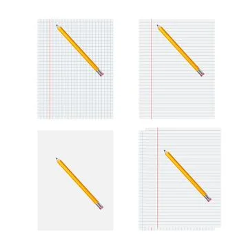 Set of realistic blank sheets of squared and ruled paper. with a pencil to .. Illustrazione stock