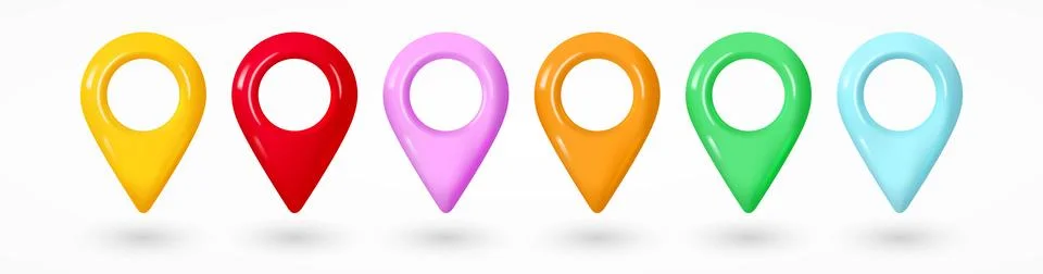 Set of realistic bright map pointers. Color 3d map pins. Place location and d Stock Illustration