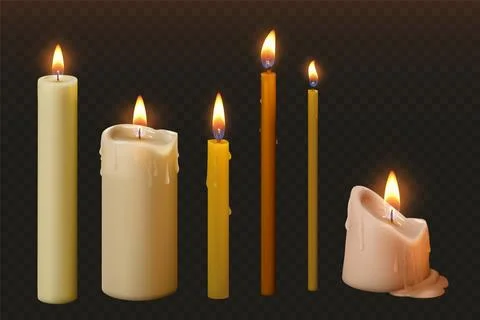 Set of realistic burning candles, thick, thin, church, spa and decor. Illustrazione stock