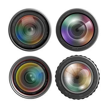 Set of Realistic camera lens with reflections collection isolated on white .. Stock Illustration