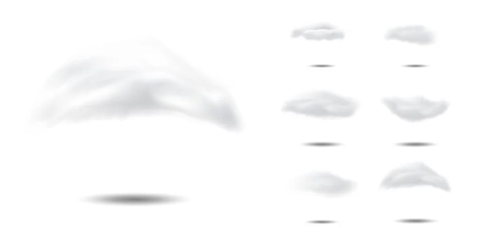 Set of realistic clouds with a shadow. Vector elements isolated on white back Illustrazione stock