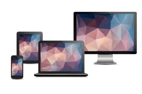Set of realistic display, laptop, tablet computer and mobile phone template w Stock Illustration