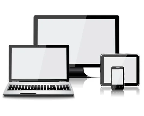 Set of realistic display, laptop, tablet computer and mobile phone Illustrazione stock
