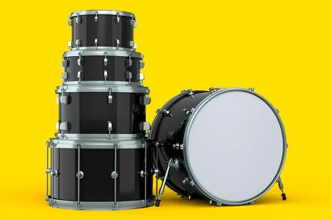 Set of realistic drums or drumset on yellow background Stock Illustration