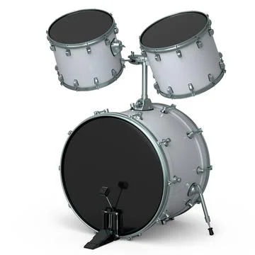 Set of realistic drums with pedal on white. 3d render of musical instrument Stock Illustration