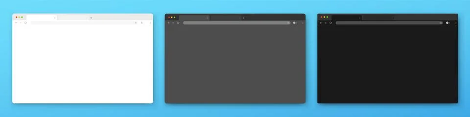 A set of realistic empty browser windows in white, gray and black with a toolbar Stock Illustration