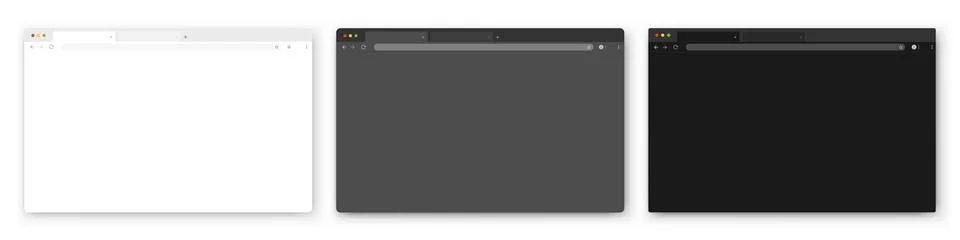 A set of realistic empty browser windows in white, gray and black with a toolbar Stock Illustration