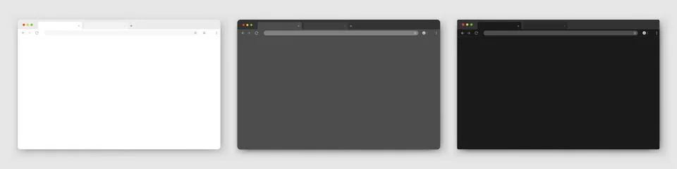 A set of realistic empty browser windows in white, gray and black with a toolbar Stock Illustration
