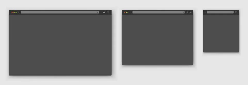 A set of realistic empty gray browser windows of different shapes with a toolbar Illustrazione stock