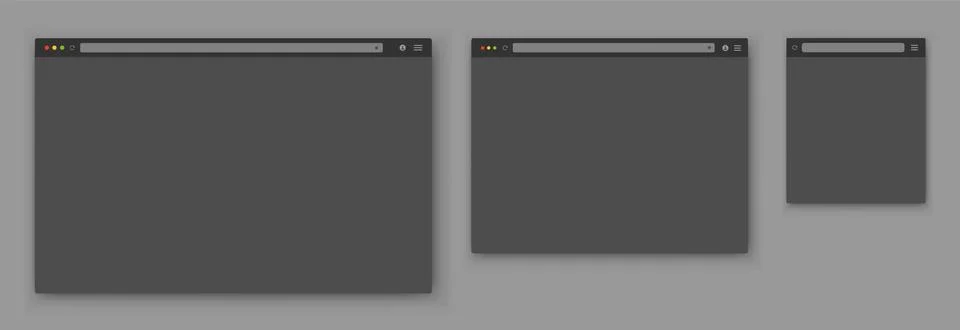 A set of realistic empty gray browser windows of different shapes with a toolbar Illustrazione stock