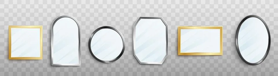 Set of realistic empty mirrors of different shapes, shiny frames with Stockillustratie